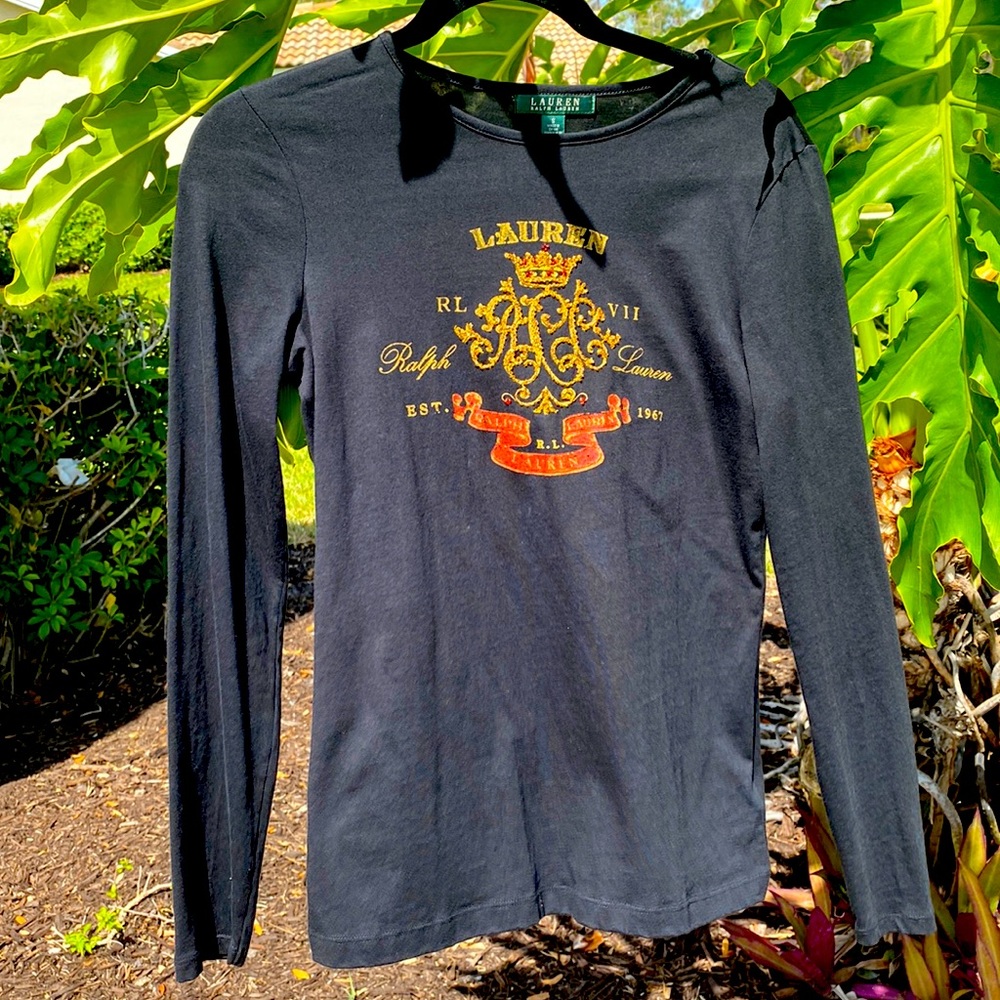Ralph Lauren Black Long Sleeve Size Small With Gold Decorative Emblem
